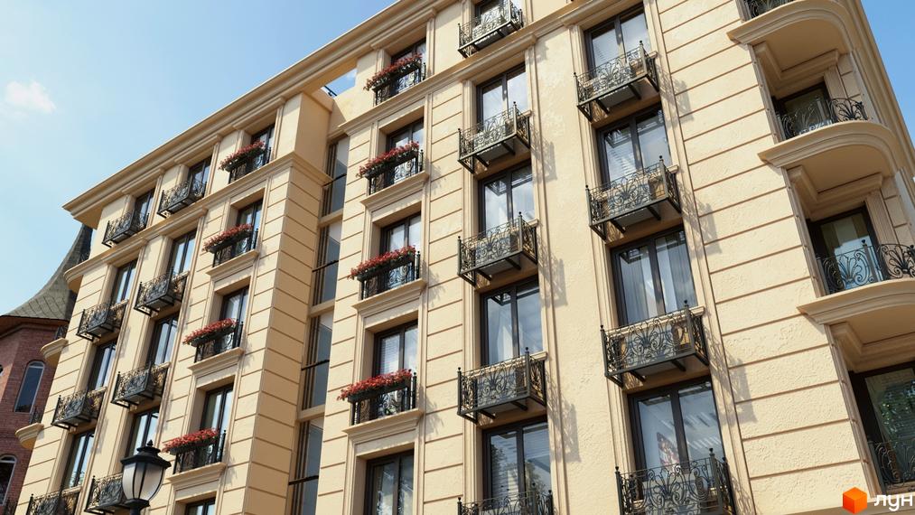 Фасад житлового комплексу Будинок на Маланова з балконами та квітковими ящиками. Зовнішній вигляд будівлі з архітектурними елементами.