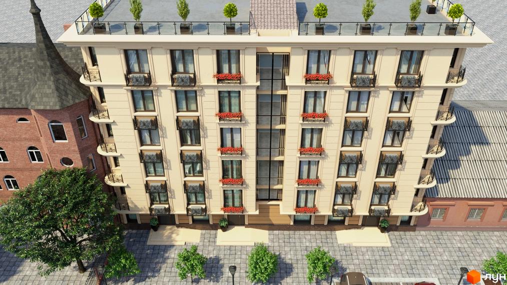 Будинок на Маланова - це новий житловий комплекс з елегантним фасадом та балконами з кованими елементами. Навколо будівлі розташована доглянута прибудинкова територія з деревами та бруківкою.