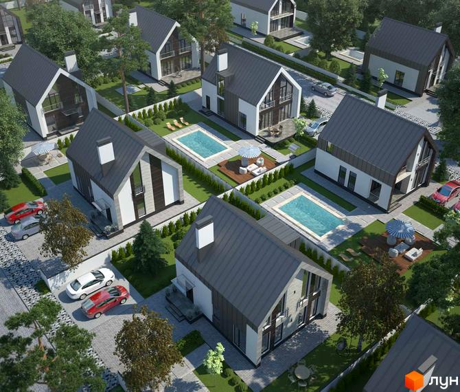 Котеджне містечко Oklahoma Cottage Town з двома поверхами, сірим дахом та басейнами на прибудинковій території. Навколо будинків зелені насадження та паркувальні місця.