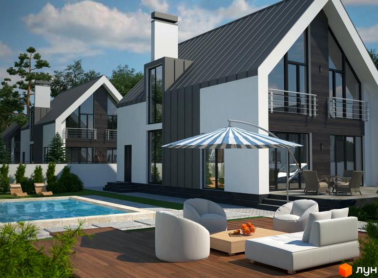 Котеджне містечко Oklahoma Cottage Town з басейном та зоною відпочинку. Сучасна архітектура котеджів з великими вікнами та темним дахом.