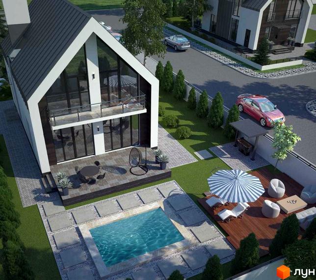 Котеджне містечко Oklahoma Cottage Town: двоповерховий будинок з великими вікнами, балконом та зоною відпочинку біля басейну з парасолькою.