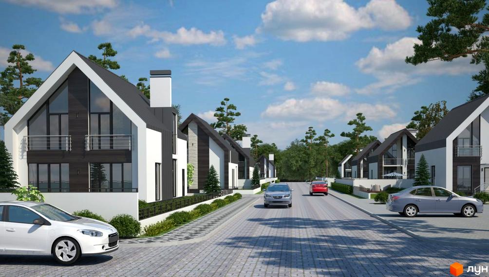 Котеджне містечко Oklahoma Cottage Town: сучасні будинки з великими вікнами та балконами, розташовані вздовж дороги з бруківкою та зеленими насадженнями.