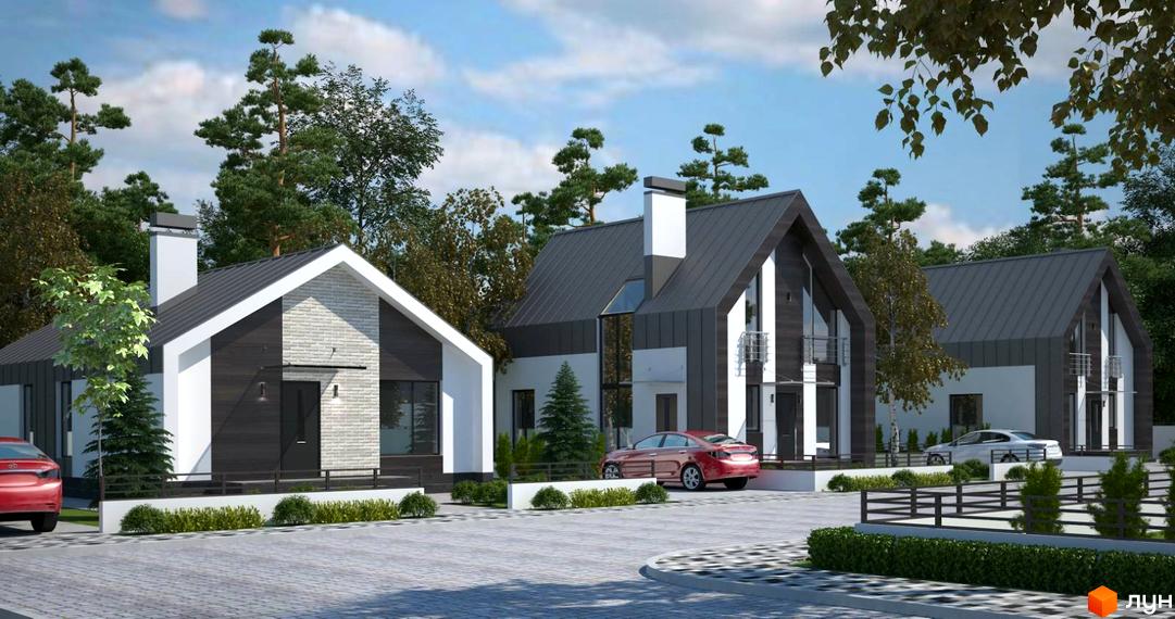 Котеджне містечко КМ Oklahoma Cottage Town. Три сучасні котеджі з темними дахами та білими стінами, розташовані серед дерев, з червоним та білим автомобілями на подвір'ї.