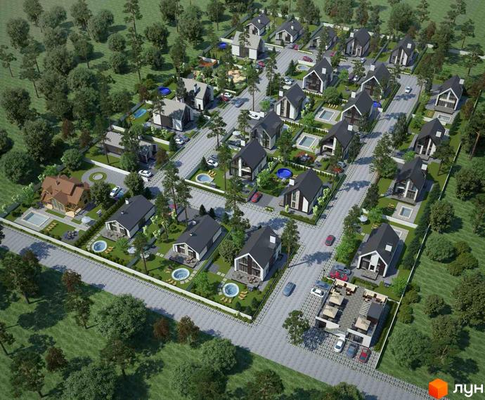 Котеджне містечко Oklahoma Cottage Town. Сучасні будинки з темними дахами та білими фасадами, прибудинкова територія з басейнами та парковками.