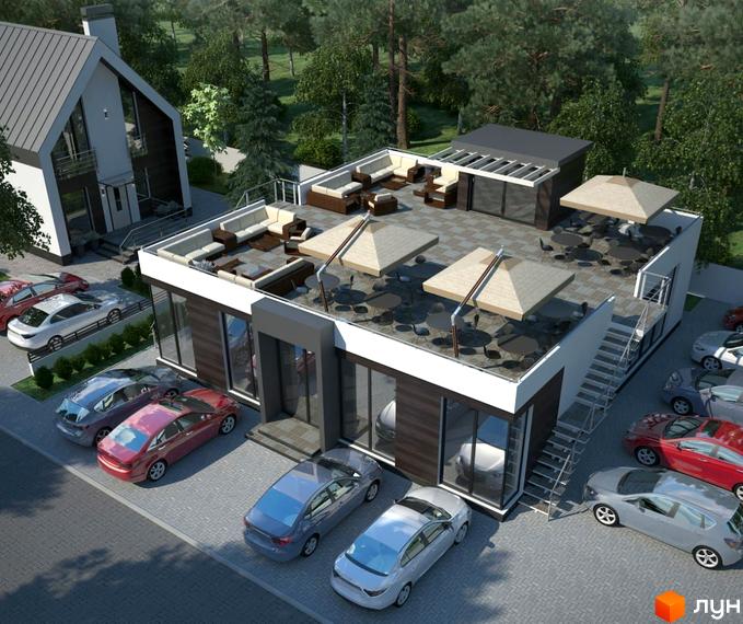 Котеджне містечко КМ Oklahoma Cottage Town з терасою та зоною відпочинку. Навколо розташовані автомобілі та зелені насадження.