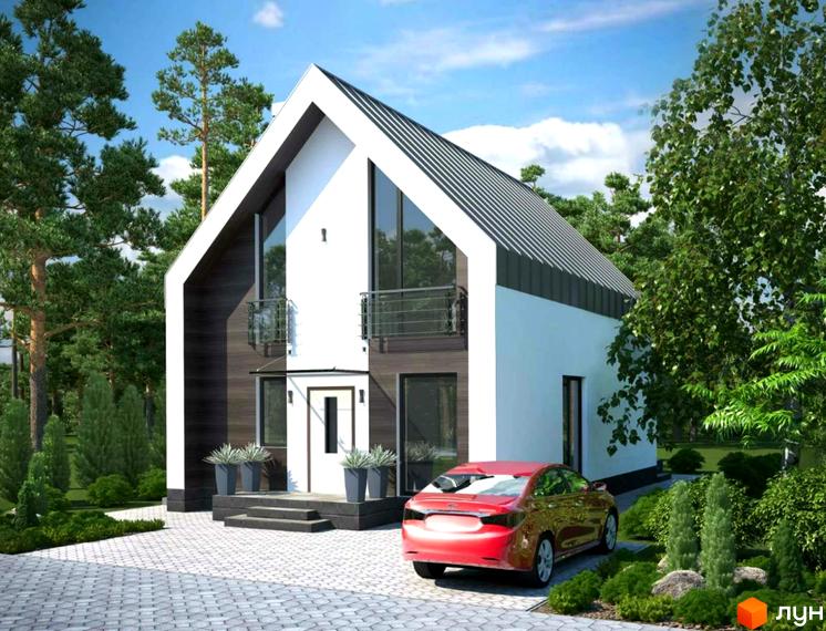 Котеджне містечко Oklahoma Cottage Town: двоповерховий будинок з білою стіною та темним дахом, великими вікнами та балконами, на тлі зелених дерев та блакитного неба. Прибудинкова територія з доглянутим газоном та червоним автомобілем.