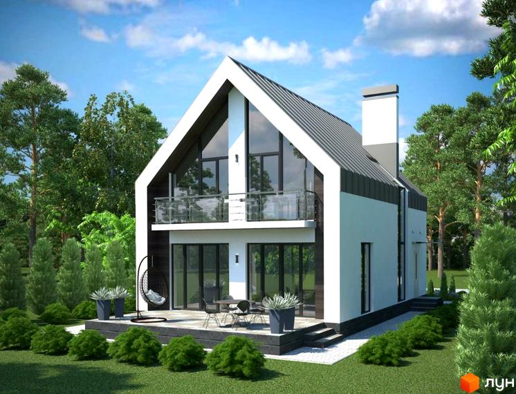 Котеджне містечко Oklahoma Cottage Town: двоповерховий будинок з великими вікнами та балконом, оточений зеленню та доглянутим газоном.