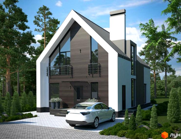 Котеджне містечко Oklahoma Cottage Town: двоповерховий будинок з великими вікнами та балконами, біля будинку білий автомобіль та зелені насадження.