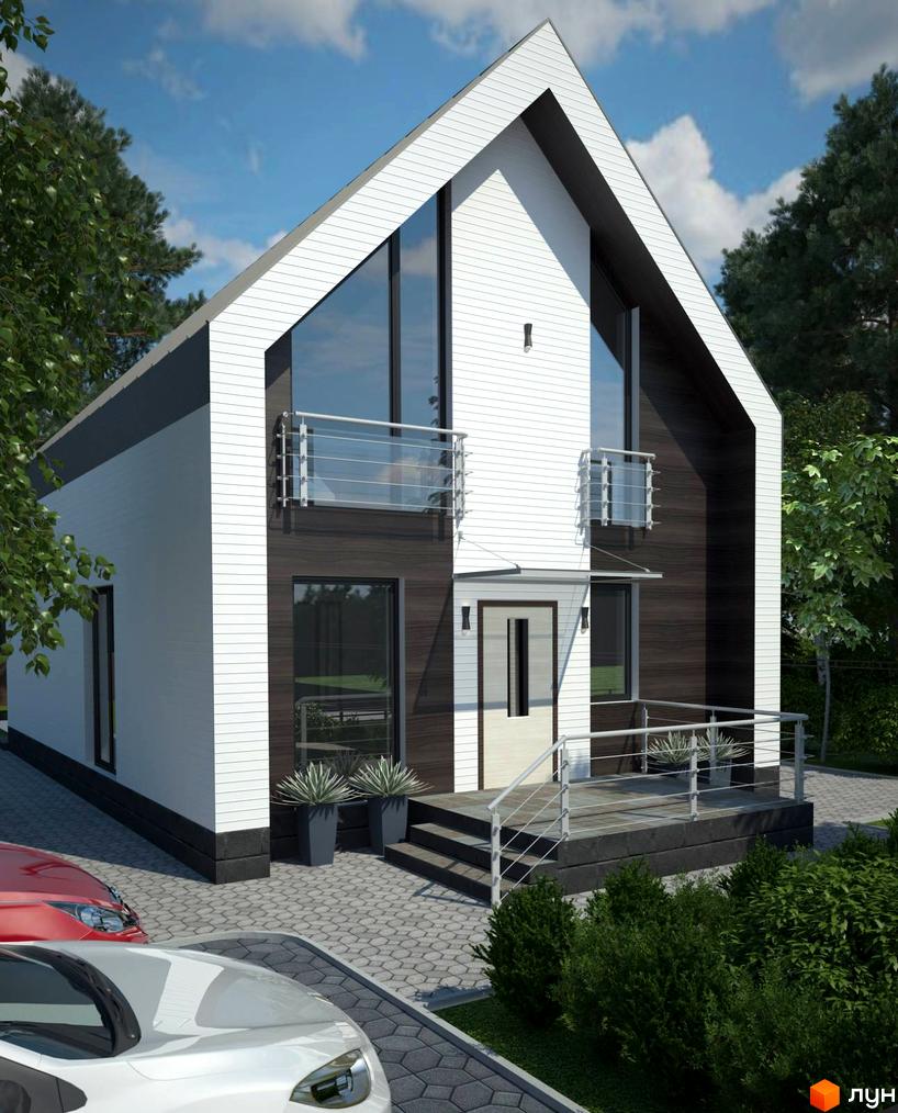 Котеджне містечко КМ Oklahoma Cottage Town: двоповерховий будинок з білими та темними фасадами, великими вікнами та балконами, розташований на бруківці біля зелених насаджень та автомобілів.