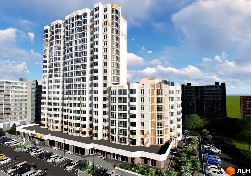 Житловий комплекс Хвиля - це висотна новобудова з біло-бежевим фасадом та великою кількістю вікон. На прибудинковій території розташований паркінг та зелені насадження.