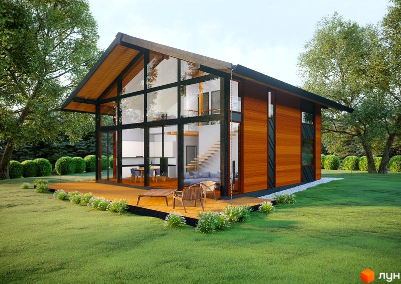 Котеджне містечко Riviera Sunrise з дерев'яним фасадом та великими вікнами, розташований на зеленій галявині з доглянутими кущами.