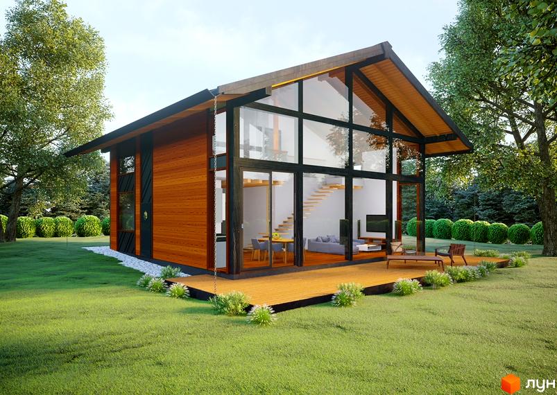 Котеджне містечко Riviera Sunrise: дерев'яний будинок з панорамними вікнами та терасою на тлі зеленого ландшафту.