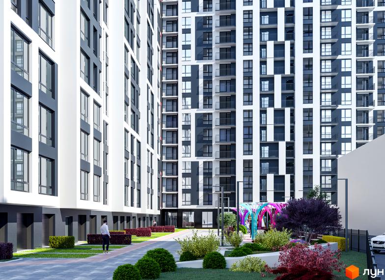 Житловий комплекс Main House з біло-сірими фасадами та балконами, зелена прибудинкова територія з кущами та кольоровою аркою.