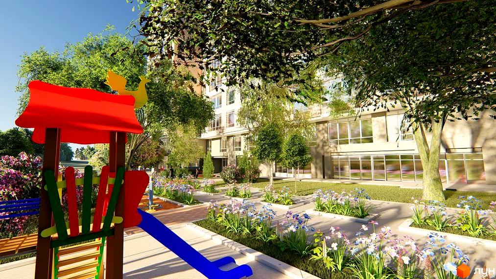 Житловий комплекс Курортний: фасади будівель з великою кількістю вікон та доглянута прибудинкова територія з дитячим майданчиком та квітами.