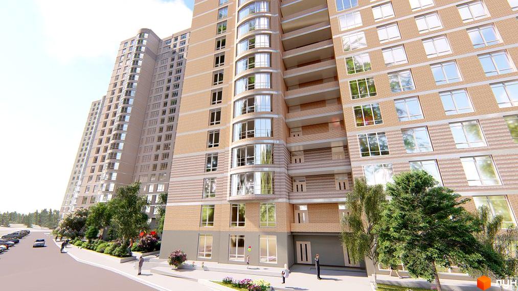 Зовнішній вигляд новобудови ЖК Курортний з цегляним фасадом та великими вікнами. Прибудинкова територія з деревами та місцями для паркування автомобілів.