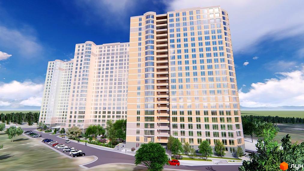 Зовнішній вигляд житлового комплексу Курортний з численними вікнами та балконами. Навколо комплексу розташовані дерева та парковка з автомобілями.