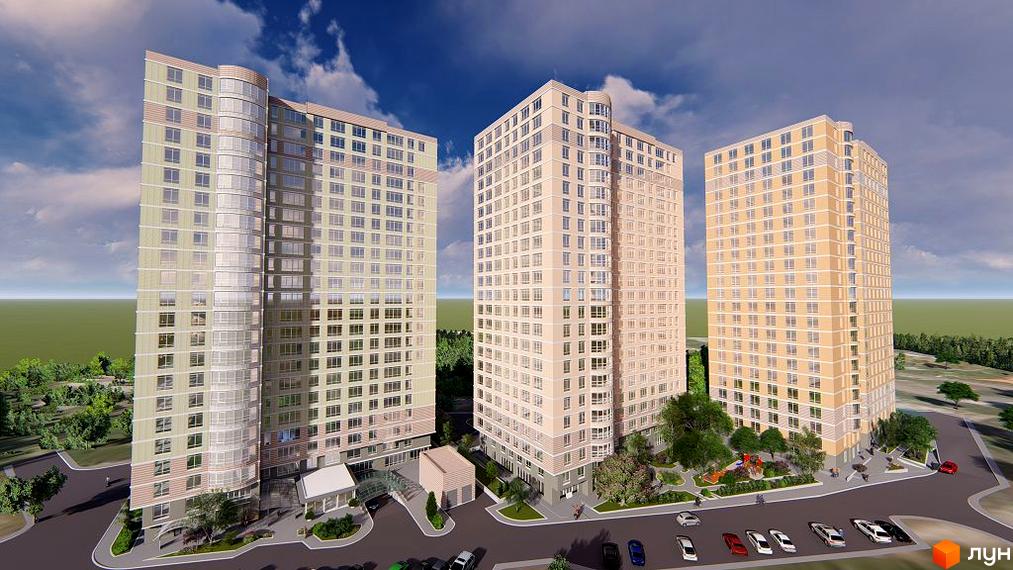 Житловий комплекс Курортний: три висотні будинки з панорамними вікнами та балконами, упорядкована прибудинкова територія з дитячим майданчиком та парковкою.