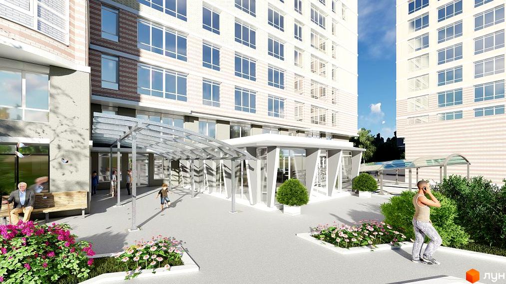 Зовнішній вигляд новобудови ЖК Курортний з фасадом з білої цегли та великими вікнами. Прибудинкова територія з квітами, лавкою та людьми.