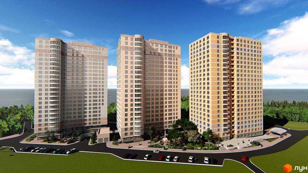 Житловий комплекс Курортний – три високі будівлі з численними вікнами, одна з яких має вигнутий фасад. Навколо зелені насадження та дорога з автомобілями.