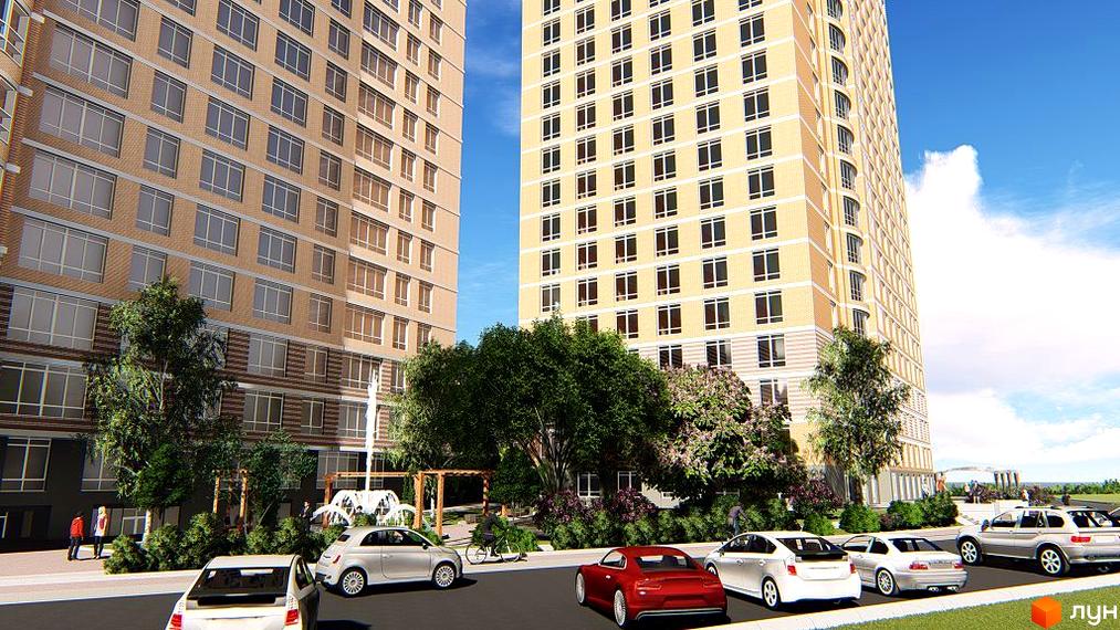 Зовнішній вигляд житлового комплексу Курортний з двома високими будинками та прибудинковою територією з деревами та автомобілями. Сучасна архітектура новобудови.