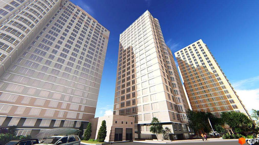 Зовнішній вигляд житлового комплексу Курортний з високими будинками та вікнами. Територія навколо комплексу з деревами, газоном та автомобілями.