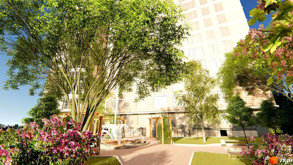 Житловий комплекс Курортний: фасади багатоповерхових будинків та зелена прибудинкова територія з фонтаном та квітами.