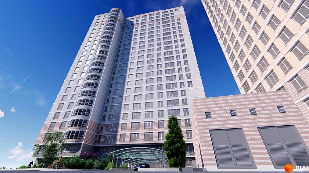 Зовнішній вигляд житлового комплексу Курортний з високими будинками та скляним навісом. Навколо зелені насадження та люди.