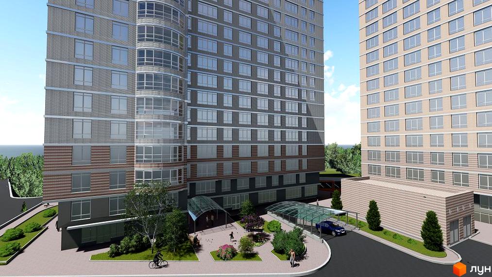 Зовнішній вигляд новобудови ЖК Курортний з численними вікнами та балконами. Прибудинкова територія з доріжками, деревами та місцями для відпочинку.