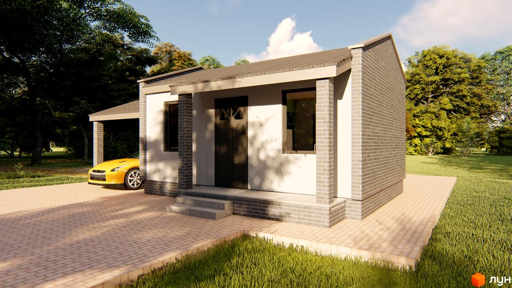 Зовнішній вигляд будинку КМ HAUSPLUSLAND Бучанка з прибудинковою територією та автомобілем. Новобудова з цегляним фасадом та навісом для авто.