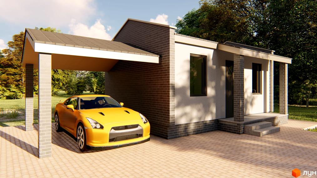 Котеджне містечко HAUSPLUSLAND Бучанка: одноповерховий будинок з навісом для авто та жовтим спорткаром на бруківці.