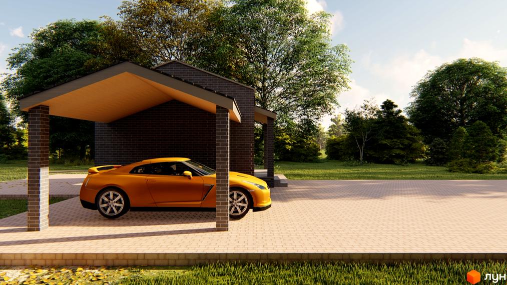 Котеджне містечко HAUSPLUSLAND Бучанка: жовтий спортивний автомобіль під навісом біля будинку з цегляними стінами. Навколо зелена галявина та дерева.