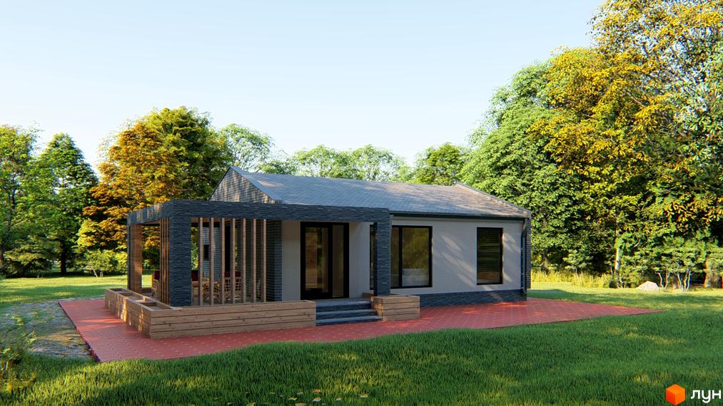 Котеджне містечко КМ HAUSPLUSLAND Бучанка. Одноповерховий будинок з терасою та цегляним оздобленням, розташований на зеленій ділянці з червоною плиткою на подвір'ї.