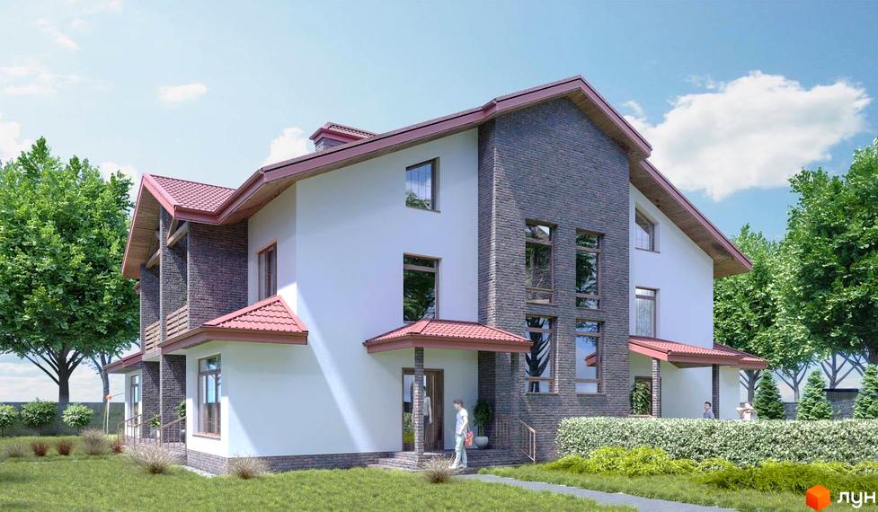 Зовнішній вигляд двоповерхового будинку з цегляним фасадом та червоним дахом. Прибудинкова територія з газоном та зеленими насадженнями.