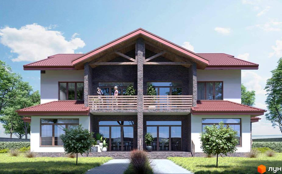 Сучасний двоповерховий будинок з червоним дахом та цегляним фасадом. Навколо будинку зелений газон та дерева, перед будинком доріжка.