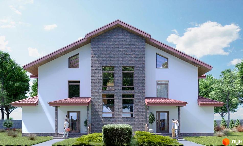 Сучасний двоповерховий будинок з цегляним фасадом та червоним дахом, оточений зеленню та газоном. Зовнішній вигляд новобудови на вул. Київська, 135.