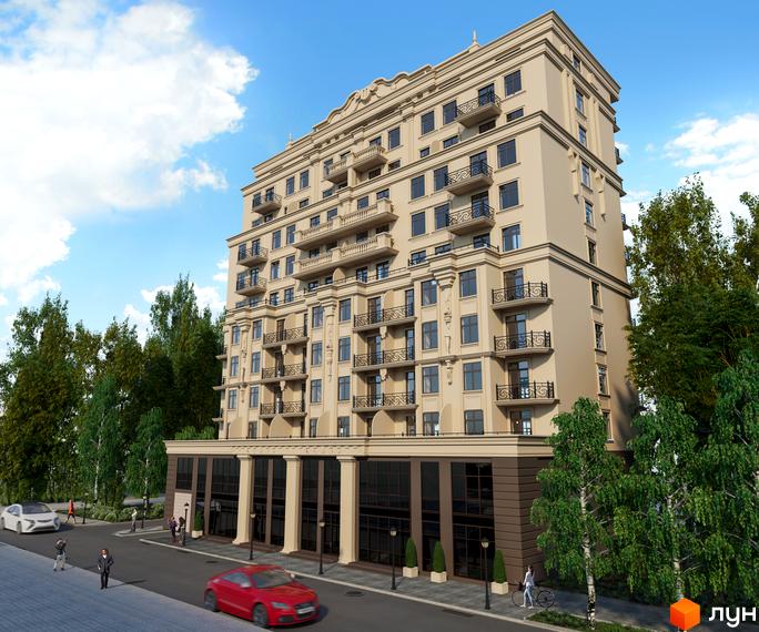 Клубний будинок „Аполлон на Карантинній“ має класичну архітектуру з балконами та колонами, розташований біля зелених дерев.