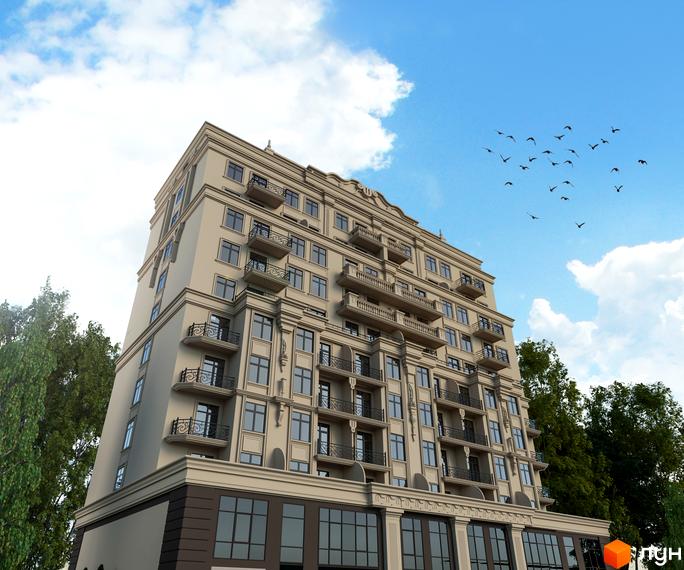 Клубний будинок «Аполлон на Карантинній» з елегантною фасадною обробкою та балконами, оточений зеленню дерев під блакитним небом з хмарами та птахами.