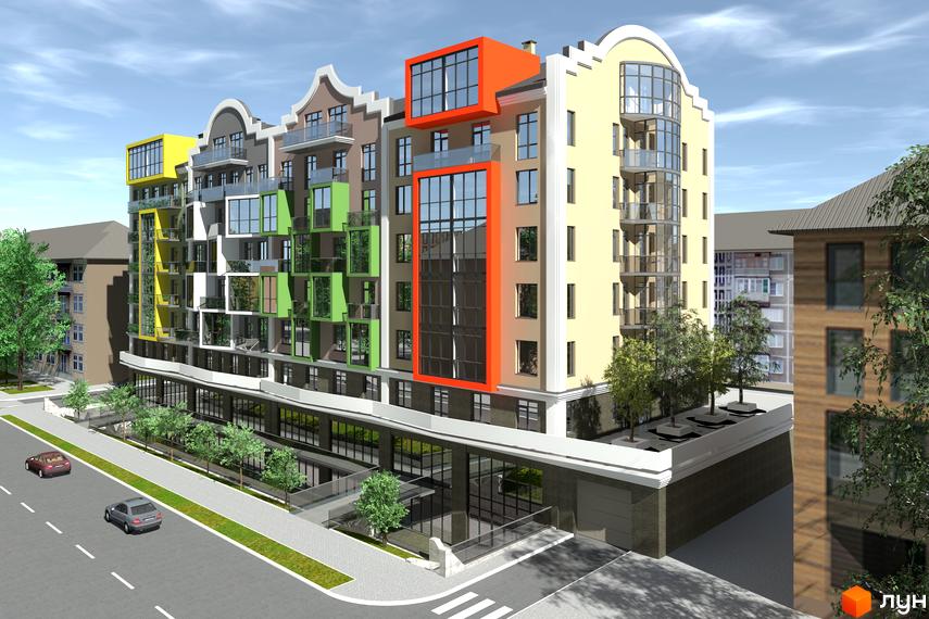 Зображення фасаду та прибудинкової території Житлового комплексу Олександрівськ. Багатоповерхова будівля з кольоровими вставками.