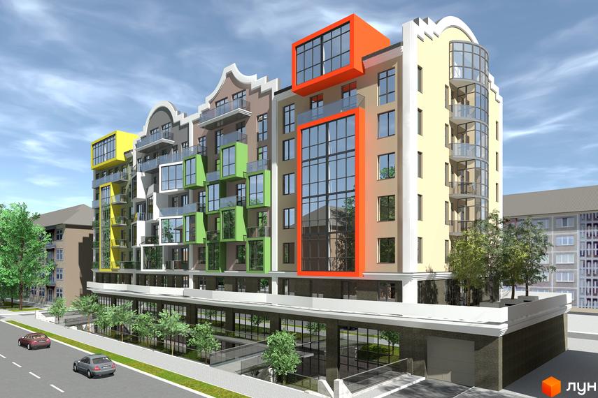 Зображення фасаду Житлового комплексу Олександрівськ, що має яскраві кольорові вставки. Навколо будинку висаджені молоді дерева.
