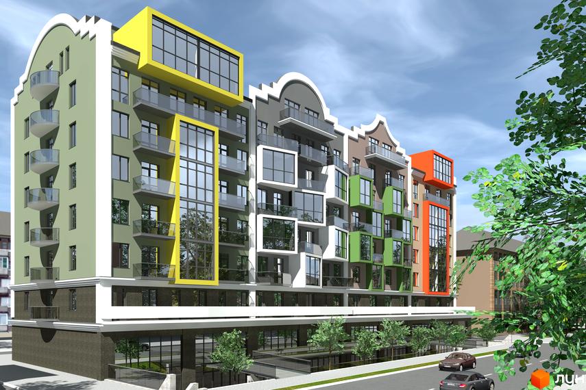 Зображення фасаду Житлового комплексу Олександрівськ. Багатоповерхова будівля з різнокольоровими вставками та великими вікнами.