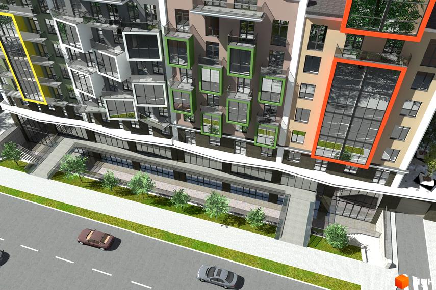 Багатоповерховий будинок Житлового комплексу Олександрівськ з різнокольоровими елементами на фасаді. Перед ним – пішохідні зони, зелені насадження та дорога.