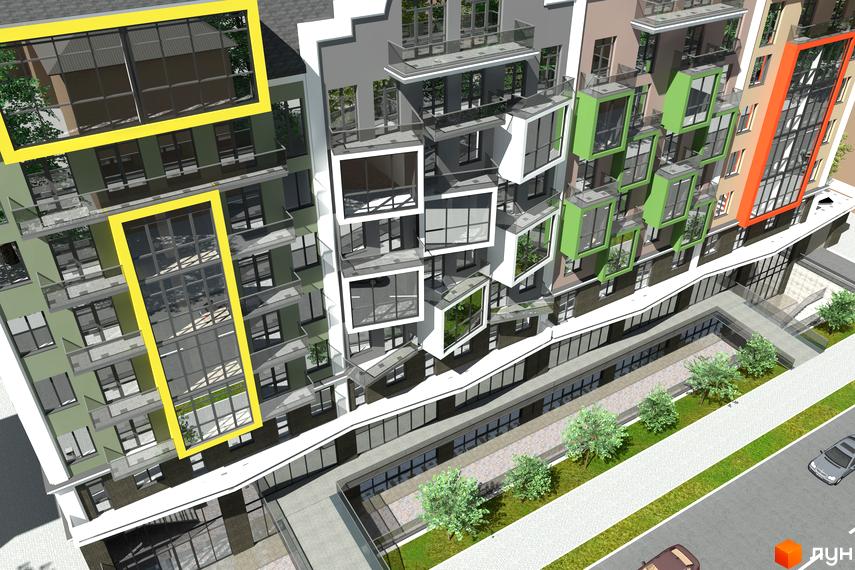 Зображення фасаду та прибудинкової території Житлового комплексу Олександрівськ. Багатоповерховий будинок з кольоровими вставками.