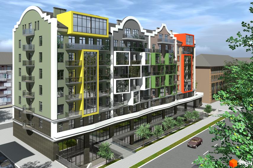 Житловий комплекс Олександрівськ з багатокольоровим фасадом, балконами та великими вікнами. Навколо будинку є дорога, тротуар та зелені насадження.