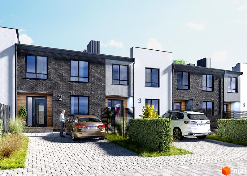 Сучасні таунхауси з цегляним фасадом та панорамними вікнами на вулиці Джохара Дудаєва, 6. Прибудинкова територія з бруківкою та зеленими насадженнями.