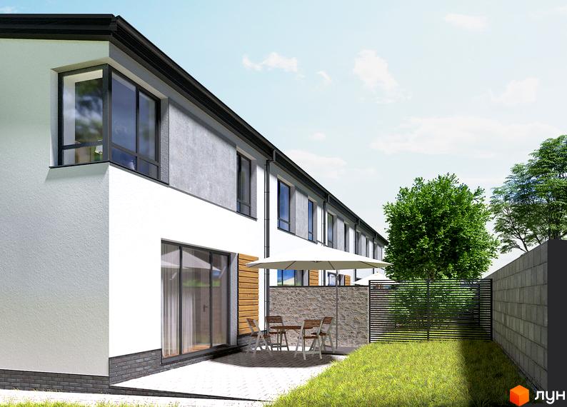 Зовнішній вигляд новобудови на вул. Джохара Дудаєва (Пржевальського), 6, з терасою, зоною відпочинку та огородженим подвір'ям.