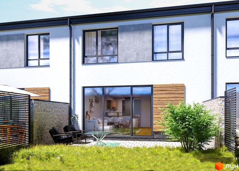 Зовнішній вигляд новобудови на вул. Джохара Дудаєва (Пржевальського), 6 з великими вікнами та терасою. Прибудинкова територія з газоном та місцями для відпочинку.