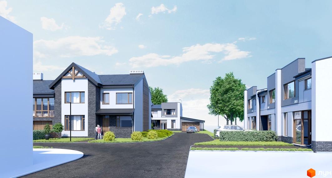 Зовнішній вигляд будинків житлового комплексу на вул. Дем'янчука, 27, з доглянутою прибудинковою територією та автомобілями.