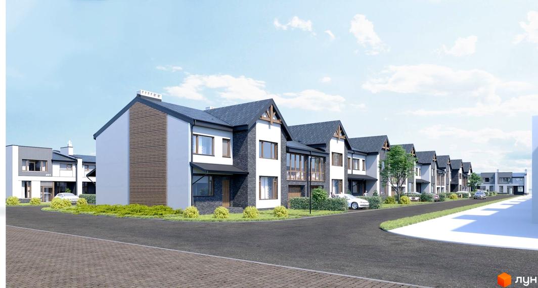 Будівельний проєкт на вул. Дем'янчука, 27, з фасадами з білої штукатурки та темної плитки, розташований вздовж дороги з бруківкою та зеленими насадженнями.