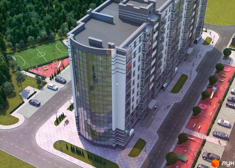 Панорамний вид на житловий комплекс Масани Панорама з фасадом з великої кількості скла та прибудинковою територією з дитячим майданчиком та спортивними зонами.