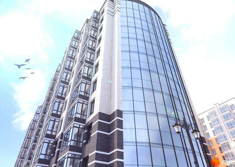 Панорамний вид на житловий комплекс Масани Панорама з вигнутим фасадом зі скла та цегли. На фоні блакитне небо з птахами.